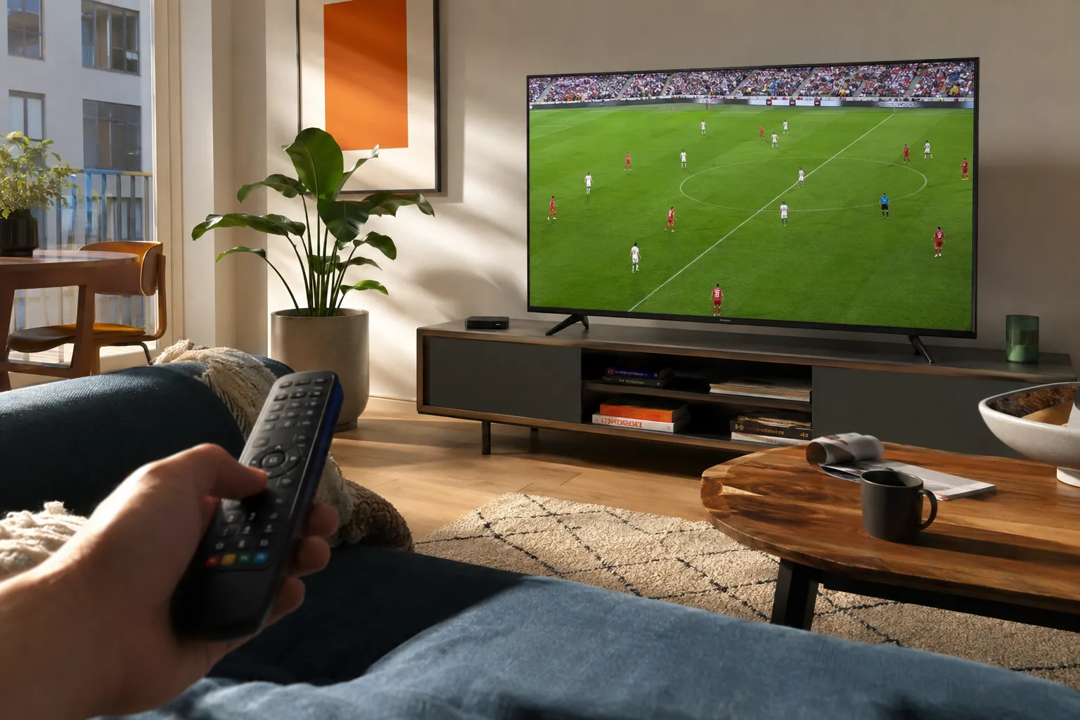 Fußball auf einem Fernseher, mit Fernbedienung im Vordergrund