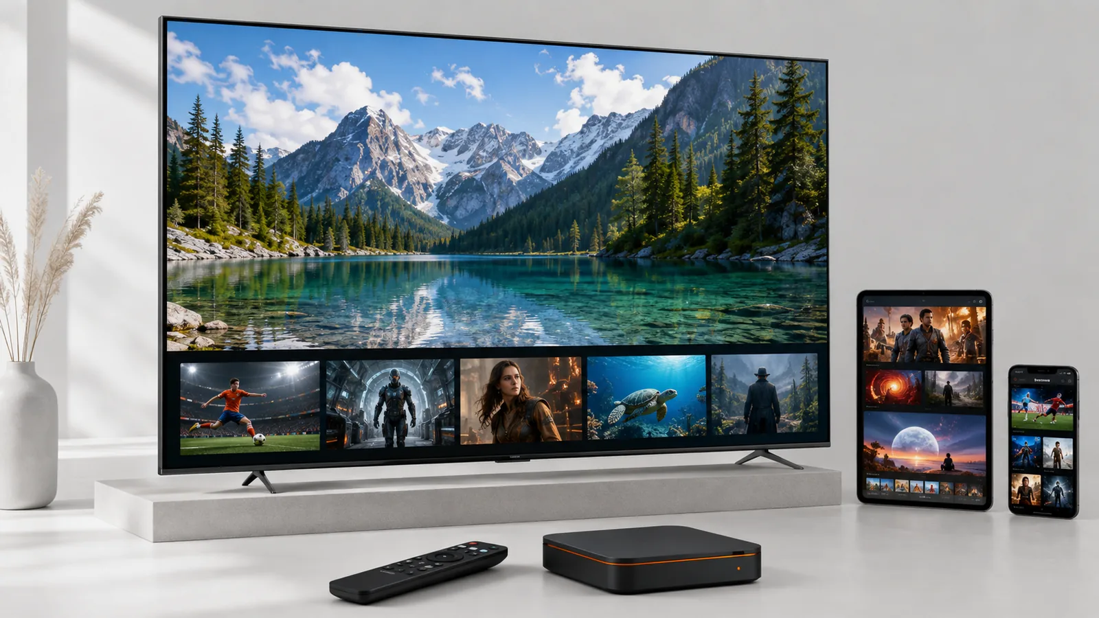 Fernseher, Tablet, Smartphone und TV-Box mit Natur-, Film- und Sportinhalten